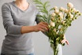 Girl make bouquet over gray background, putting flowers in vase. Royalty Free Stock Photo