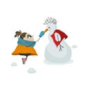 A girl make friends with snowman. Royalty Free Stock Photo