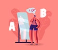 Girl Make Important Decision Stand at Mirror Choosing Between A or B Variants. Female Character Doubts, Pros and Cons