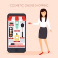 Girl make shopping online from phone. Sale. Flat design modern v Royalty Free Stock Photo