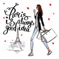 Girl make shopping in Paris. Illustration Sketch