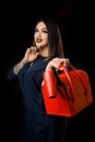 Girl make-up artist in dark dress with red suitcase and accessorized make-up artist