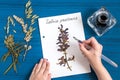 Girl makes herbarium of herbs sage meadow