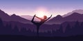 Girl makes yoga figure in the mountain landscape view at sunrise