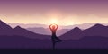 Girl makes yoga with mountain view purple landscape and sunshine