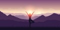 Girl makes yoga with mountain view purple landscape and sunshine