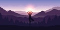 Girl makes yoga tree figure in the mountain landscape view at sunrise