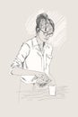 Young barista woman. Vector illustration in pencil style. Linear sketch of a colleen in a coffee bar. Coffee concept