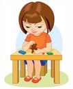 Girl making plasticine figures cartoon illustration on white background.