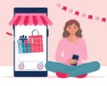 Girl is making purchases via smartphone. Valentines Sale, online shopping concept. Vector illustration in flat style Royalty Free Stock Photo