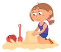 Girl making sandcastle. Happy cartoon kid on beach Royalty Free Stock Photo