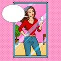 Girl is making selfie in the mirror pop art vector