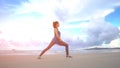 The girl is making yoga pose on beach in Vietnam. Sea or ocean happy . Water and waves. Hands and blue sky. Exercises Royalty Free Stock Photo