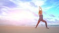 The girl is making yoga pose on beach in Vietnam. Sea or ocean happy woman relaxation. Water and waves. Hands and blue Royalty Free Stock Photo