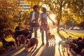 Girl and man dog walker with dogs enjoying in walk