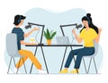A girl and a man record a podcast and gesticulate. Online, live stream, audio recording in progress. The concept of Royalty Free Stock Photo