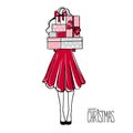 Girl with many gifts. Merry Christmas and Happy New Year vector card. Royalty Free Stock Photo