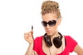 Girl many plaits hairstyle with headphones