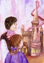 Girl Marie and her father look at the toy castle. Illustration of the tale of E. T. A. Hoffmann `The Nutcracker and the Mouse King