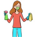 Girl with a mask that cheerfully cleans the house with disinfectants and a cloth