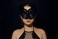 The girl in the mask. Masquerade, halloween. Girl in a cat mask. Catwoman on a beautiful background in a beautiful lace top with Royalty Free Stock Photo