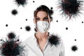 The girl in the mask protects herself from virus particles flying in the air on a white background. Coronavirus, COVID-19,