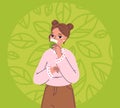 Girl matcha drink. Teenager drinking green tea, young woman holding cup or mug. Positive energy cartoon character