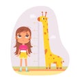 Girl measure height with inch ruler and cheerful giraffe vector illustration. Cartoon female teenager, chart of progress