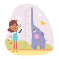 Girl measuring height with inch ruler chart vector illustration. Cartoon kid standing with cheerful elephant raising