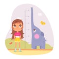 Girl measuring height with inch ruler chart vector illustration. Cartoon kid standing with cheerful elephant raising