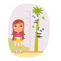 Girl measuring height in inches vector illustration. Kid with glasses standing near tall tree with funny pandas