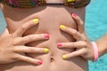 Girl measuring waist with her hands at the seaside