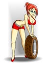 Girl mechanic with wheel vector illustration