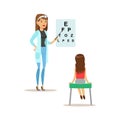 Girl On Medical Eyesight Check-Up With Female Pediatrician Doctor Doing Physical Examination For The Pre-School Health