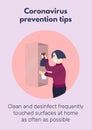 Girl in medical mask is cleaning shelf with rag and sprayer. Coronavirus prevention tips poster with text desinfect frequently