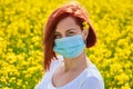 A girl in a medical mask in a field with flowers, protects herself from an allergy to pollen from plants. Coronavirus concept Royalty Free Stock Photo