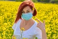 A girl in a medical mask in a field with flowers, protects herself from an allergy to pollen from plants. Coronavirus concept Royalty Free Stock Photo