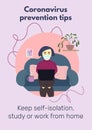 Girl in medical mask with laptop works,studies from home. Coronavirus prevention tips poster with text.Self-isolation