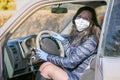 A Girl In A Medical Mask And Rubber Gloves Is Sitting Behind The Wheel Of A Car
