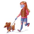 Girl in a medical mask walks his dog