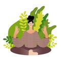 The girl meditates sitting in the Lotus position. Vector illustration of a woman doing yoga in the park. Vector flat