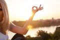 Girl meditates sunset, abstract