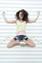 Girl meditating in air. yoga meditation in jump or flight. dancer in move. Body care and active lifestyle. long breath