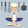 Girl meditating before cooking vector cartoon