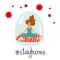 The girl is meditating at home. Poster keep calm, stay home. Self-isolation concept, coronavirus epidemic CoVID-19