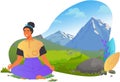 Girl is meditating in park, sitting on lawn against backdrop of mountaine. Meditation and calm