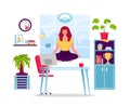 Girl meditating at workplace. Businesswoman doing yoga to calm down stressful emotion from hard work in office over desk Royalty Free Stock Photo