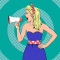 Girl with megaphone or loudspeaker in pop-art