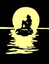 Girl mermaid silhouette with a tail on a rock in moonlightisolated
