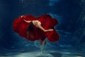 Girl mermaid. Underwater scene. A woman, a fashion model in the water in a beautiful dress swims like a fish